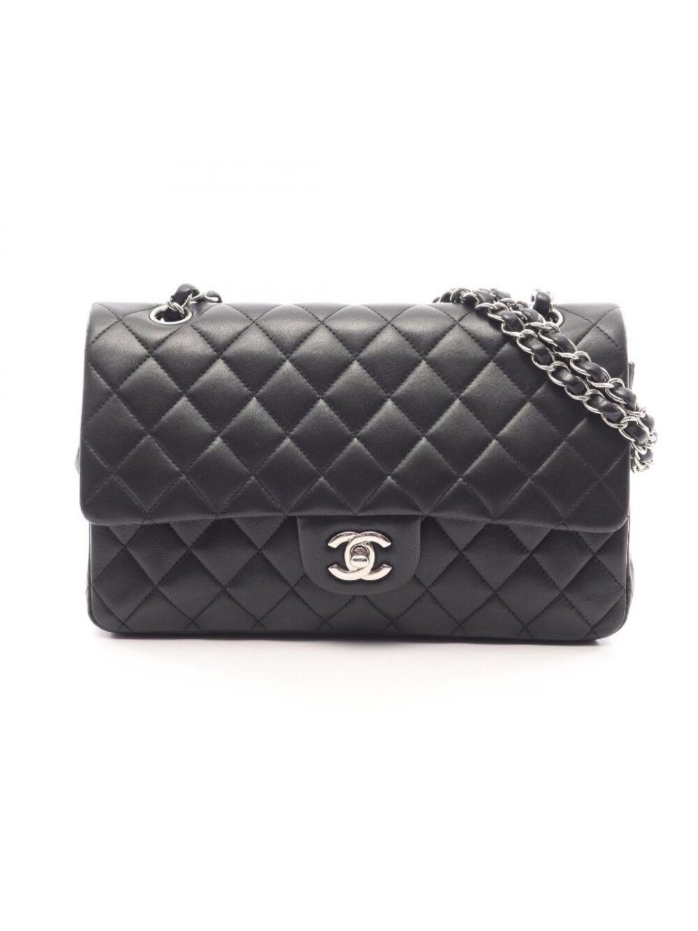 Chanel Shoulder Bag Quilted Double Flap Black Lambskin Chain